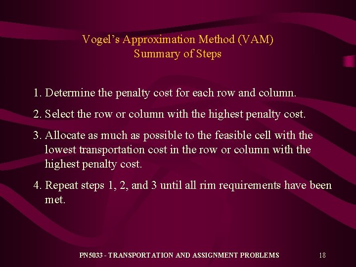 Vogel’s Approximation Method (VAM) Summary of Steps 1. Determine the penalty cost for each