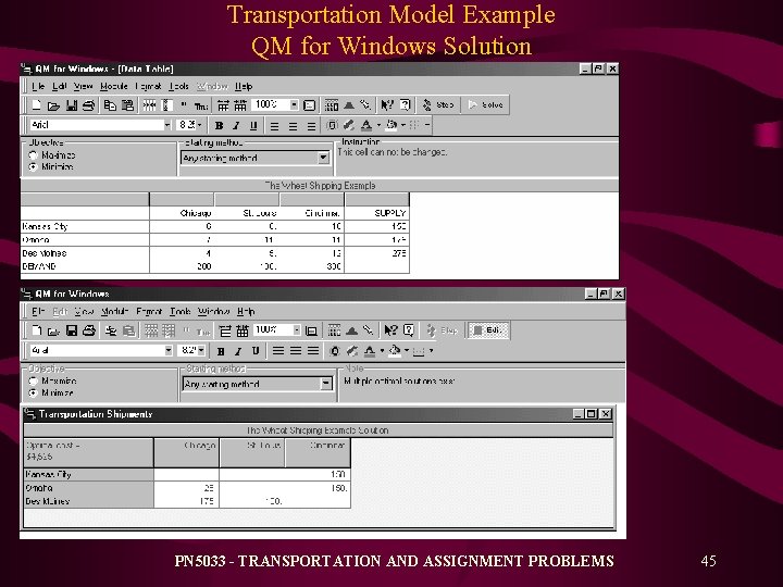 Transportation Model Example QM for Windows Solution PN 5033 - TRANSPORTATION AND ASSIGNMENT PROBLEMS Transportation Model Example QM for Windows Solution PN 5033 - TRANSPORTATION AND ASSIGNMENT PROBLEMS