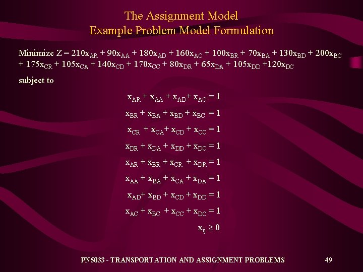 The Assignment Model Example Problem Model Formulation Minimize Z = 210 x. AR + The Assignment Model Example Problem Model Formulation Minimize Z = 210 x. AR +