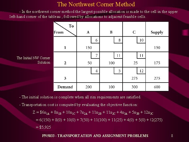 The Northwest Corner Method - In the northwest corner method the largest possible allocation