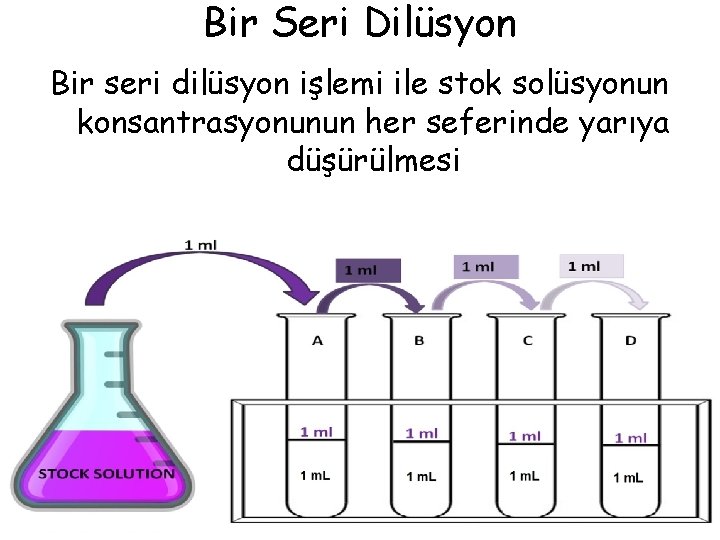 Bir Seri Dilüsyon Bir seri dilüsyon işlemi ile stok solüsyonun konsantrasyonunun her seferinde yarıya