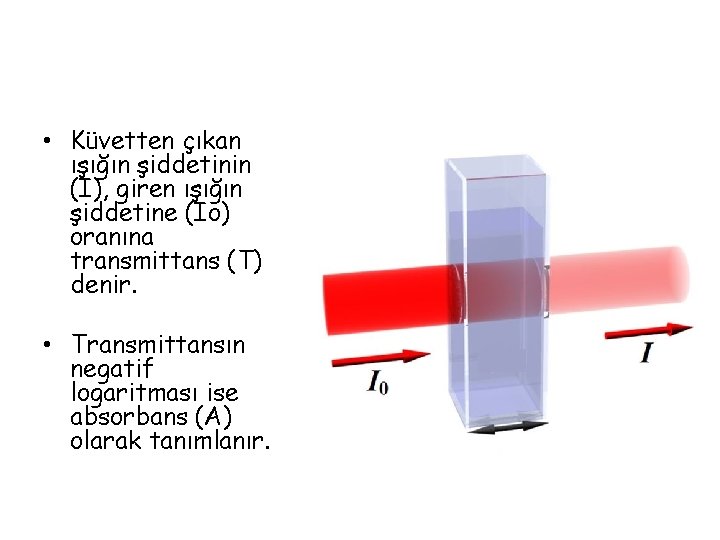  • Küvetten çıkan ışığın şiddetinin (I), giren ışığın şiddetine (Io) oranına transmittans (T)