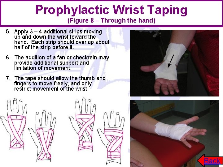 Prophylactic Wrist Taping (Figure 8 – Through the hand) 5. Apply 3 – 4 Prophylactic Wrist Taping (Figure 8 – Through the hand) 5. Apply 3 – 4