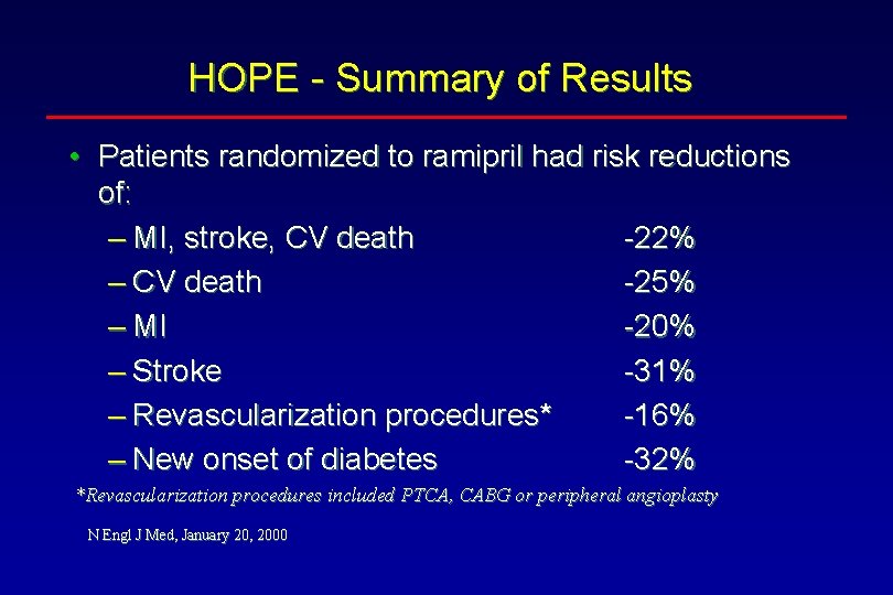 HOPE - Summary of Results • Patients randomized to ramipril had risk reductions of: