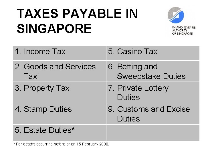 TAXES PAYABLE IN SINGAPORE 1. Income Tax 5. Casino Tax 2. Goods and Services