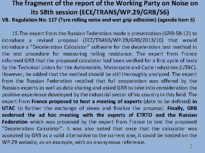 The fragment of the report of the Working Party on Noise on its 58