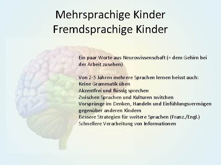 Mehrsprachige Kinder Fremdsprachige Kinder Ein paar Worte aus Neurowissenschaft (= dem Gehirn bei der