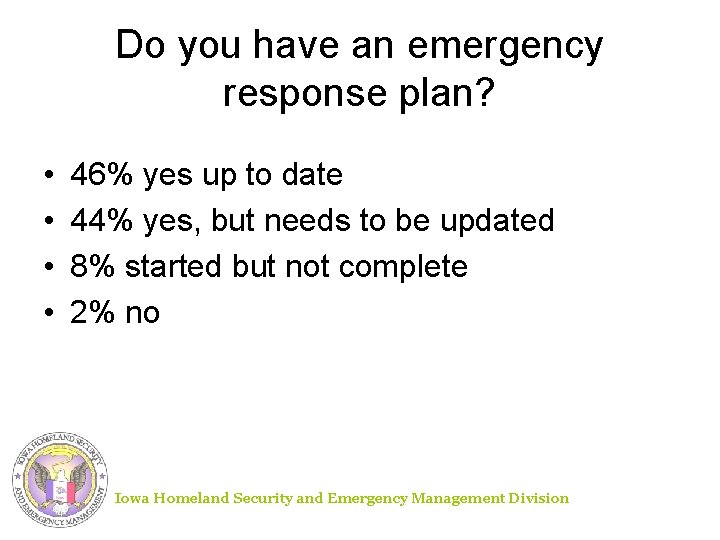 Do you have an emergency response plan? • • 46% yes up to date Do you have an emergency response plan? • • 46% yes up to date