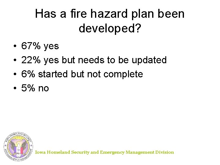 Has a fire hazard plan been developed? • • 67% yes 22% yes but Has a fire hazard plan been developed? • • 67% yes 22% yes but