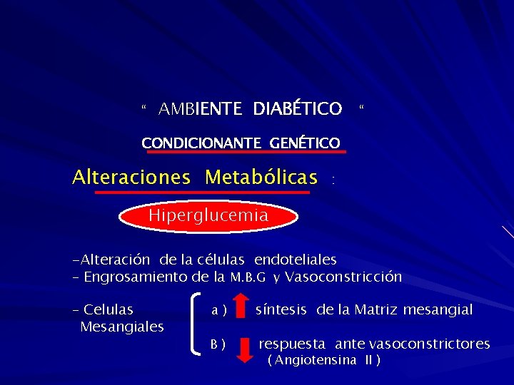  “ AMBIENTE DIABÉTICO “ CONDICIONANTE GENÉTICO Alteraciones Metabólicas : Hiperglucemia -Alteración de la