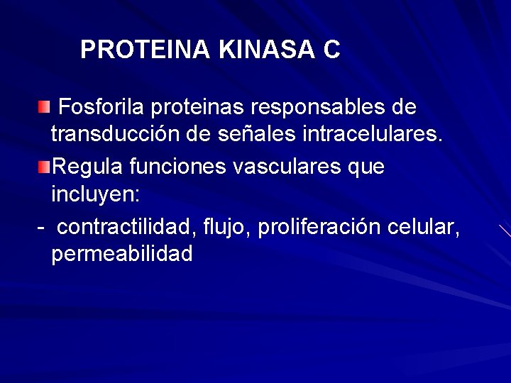  PROTEINA KINASA C Fosforila proteinas responsables de transducción de señales intracelulares. Regula funciones