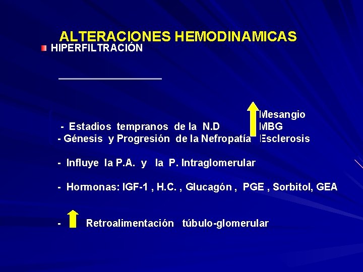  ALTERACIONES HEMODINAMICAS HIPERFILTRACIÓN Mesangio - Estadios tempranos de la N. D MBG -