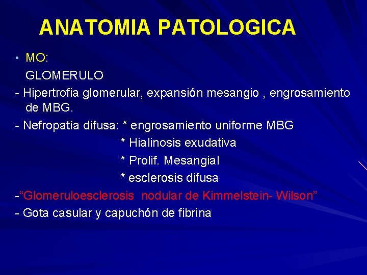 ANATOMIA PATOLOGICA • MO: GLOMERULO - Hipertrofia glomerular, expansión mesangio , engrosamiento de
