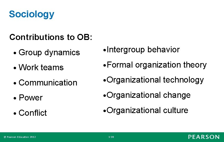 Sociology Contributions to OB: • Group dynamics • Intergroup behavior • Work teams •