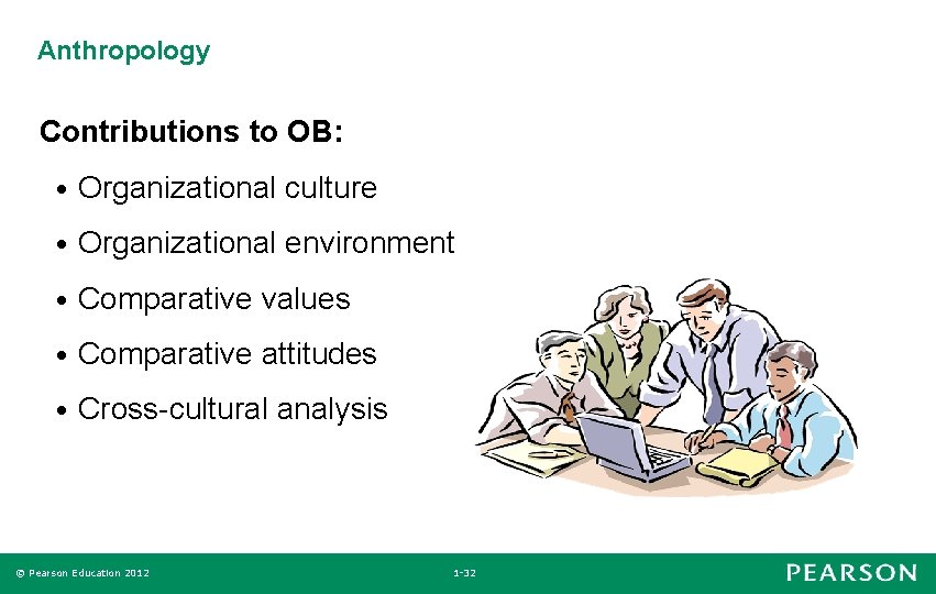 Anthropology Contributions to OB: • Organizational culture • Organizational environment • Comparative values •