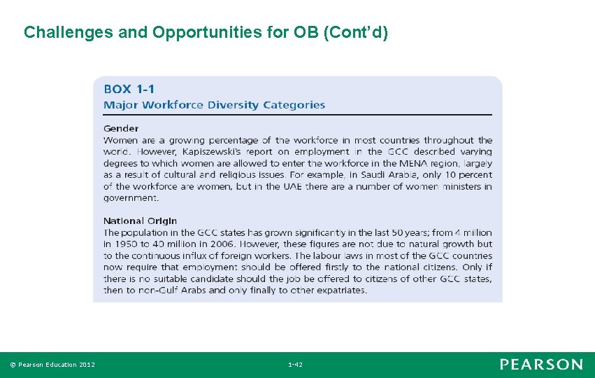 Challenges and Opportunities for OB (Cont’d) © Pearson Education 2012 1 -42 