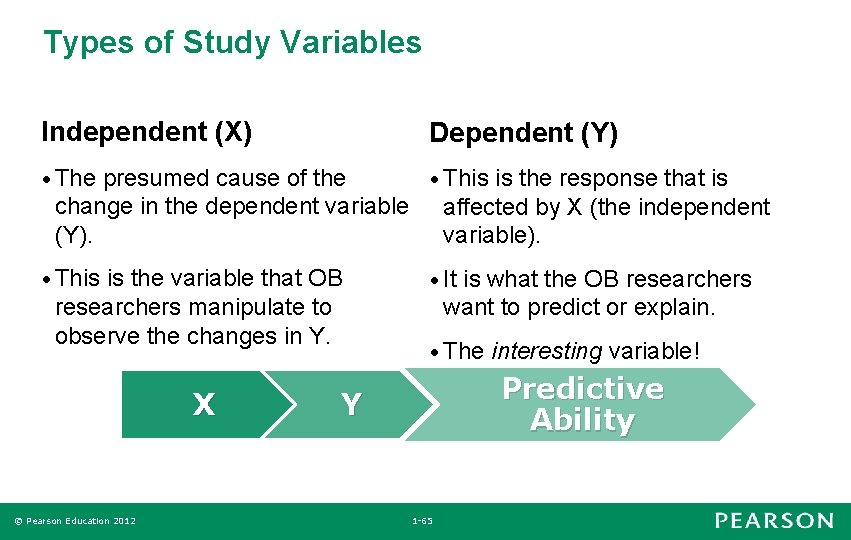 Types of Study Variables Independent (X) Dependent (Y) • The presumed cause of the