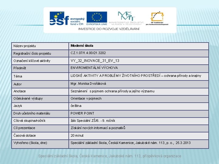 Název projektu Moderní škola Registrační číslo projektu CZ. 1. 07/1. 4. 00/21. 3202 Označení