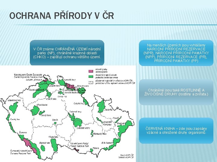 OCHRANA PŘÍRODY V ČR známe CHRÁNĚNÁ ÚZEMÍ národní parky (NP), chráněné krajinné oblasti (CHKO)