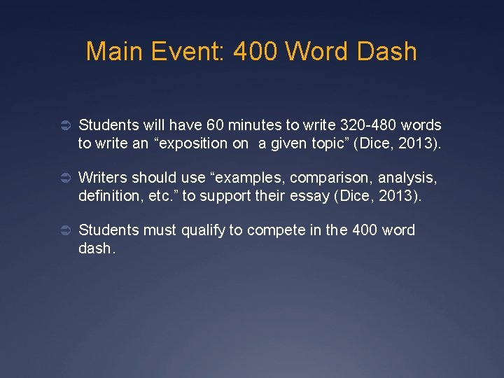 Main Event: 400 Word Dash Ü Students will have 60 minutes to write 320