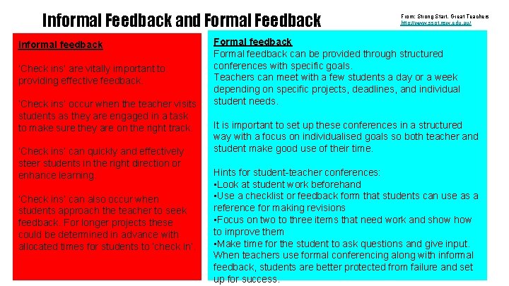 Informal Feedback and Formal Feedback Informal feedback ‘Check ins’ are vitally important to providing