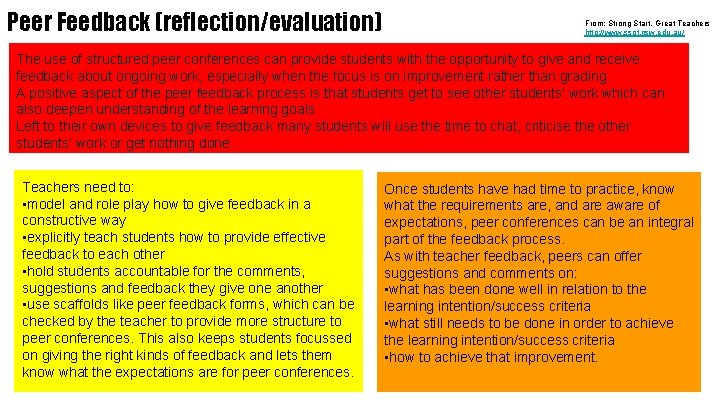 Peer Feedback (reflection/evaluation) From; Strong Start, Great Teachers http: //www. ssgt. nsw. edu. au/