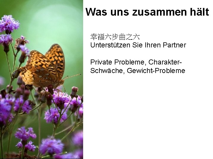 Was uns zusammen hält 幸福六步曲之六 Unterstützen Sie Ihren Partner Private Probleme, Charakter. Schwäche, Gewicht-Probleme