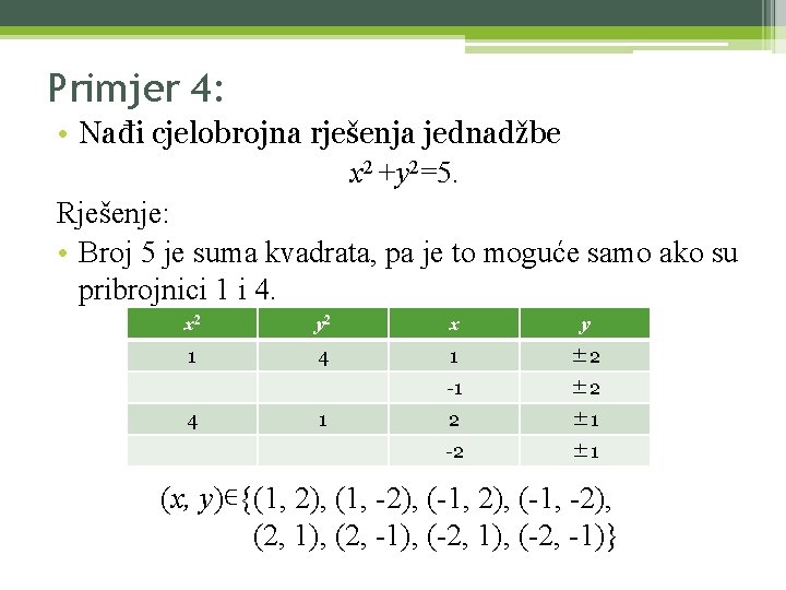 Primjer 4: • Nađi cjelobrojna rješenja jednadžbe x 2 +y 2=5. Rješenje: • Broj