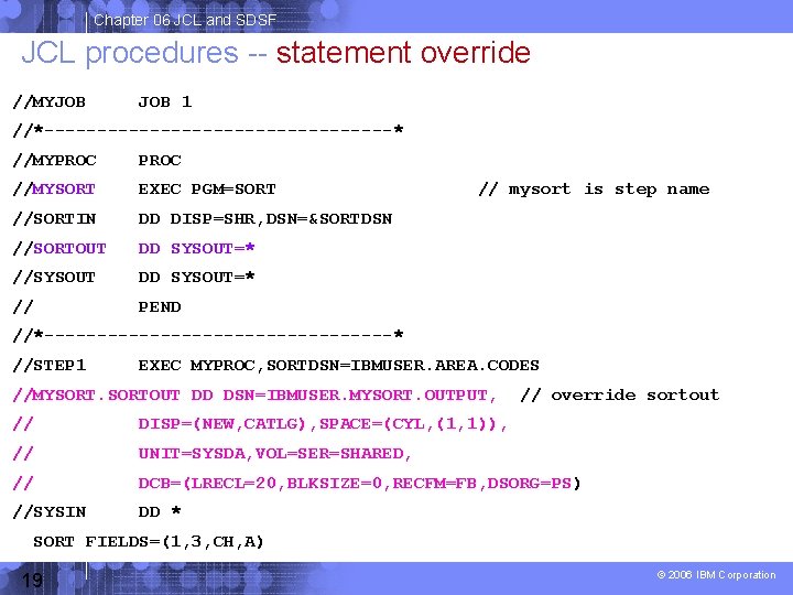 Chapter 06 JCL and SDSF JCL procedures -- statement override //MYJOB 1 //*-----------------* //MYPROC