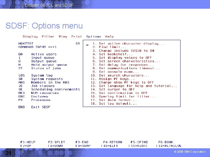 Chapter 06 JCL and SDSF: Options menu 29 © 2006 IBM Corporation 