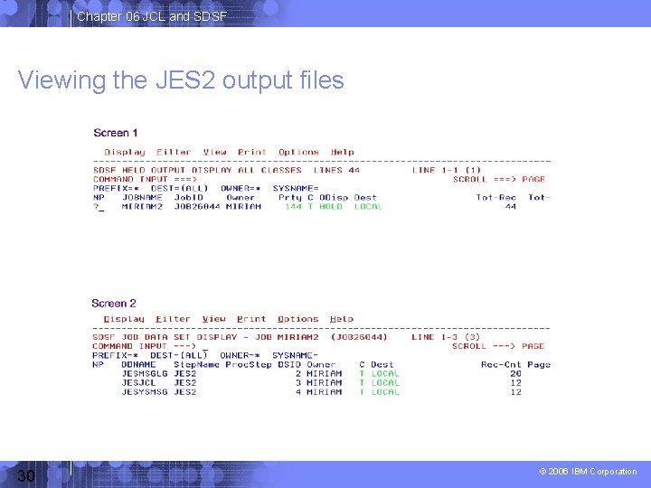 Chapter 06 JCL and SDSF Viewing the JES 2 output files 30 © 2006
