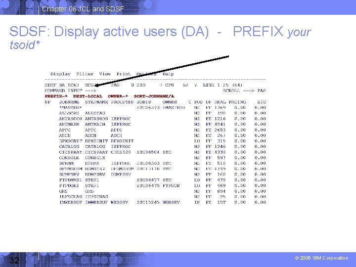 Chapter 06 JCL and SDSF: Display active users (DA) - PREFIX your tsoid* 32