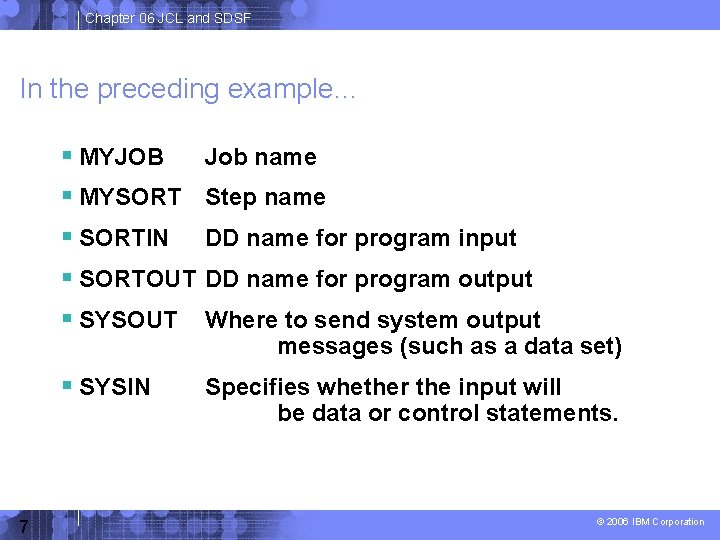 Chapter 06 JCL and SDSF In the preceding example… MYJOB Job name MYSORT Step