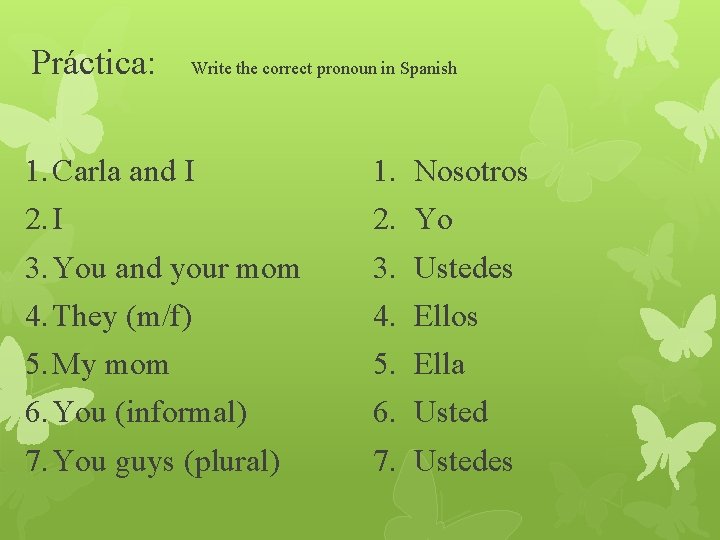 Práctica: Write the correct pronoun in Spanish 1. Carla and I 2. I 3.