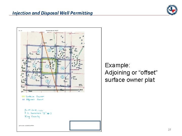 Injection and Disposal Well Permitting Example: Adjoining or “offset” surface owner plat 27 