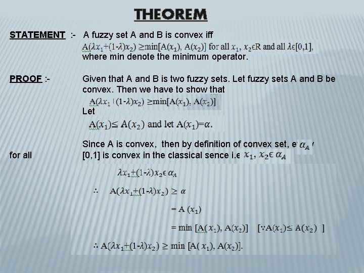 THEOREM STATEMENT : - A fuzzy set A and B is convex iff where