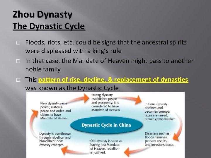 Zhou Dynasty The Dynastic Cycle � � � Floods, riots, etc. could be signs