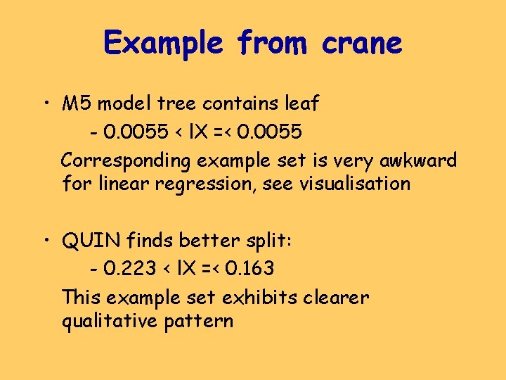 Example from crane • M 5 model tree contains leaf - 0. 0055 <