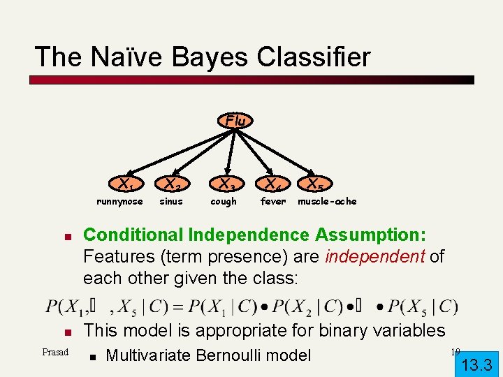 The Naïve Bayes Classifier Flu X 1 runnynose n n Prasad X 2 sinus