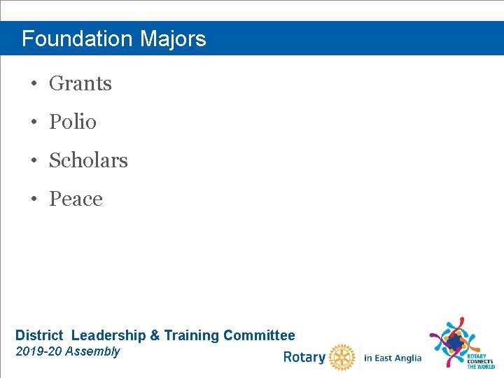Foundation Majors • Grants • Polio • Scholars • Peace District Leadership & Training
