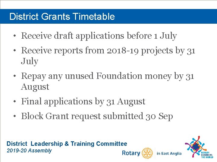 District Grants Timetable • Receive draft applications before 1 July • Receive reports from