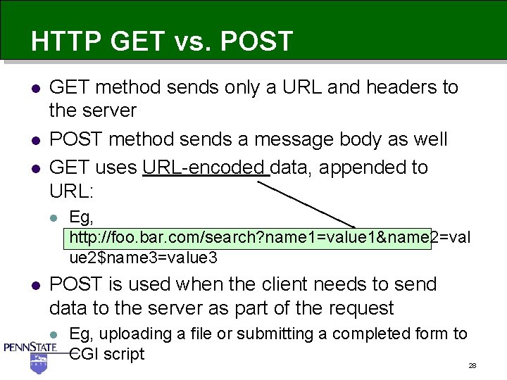 HTTP GET vs. POST l l l GET method sends only a URL and