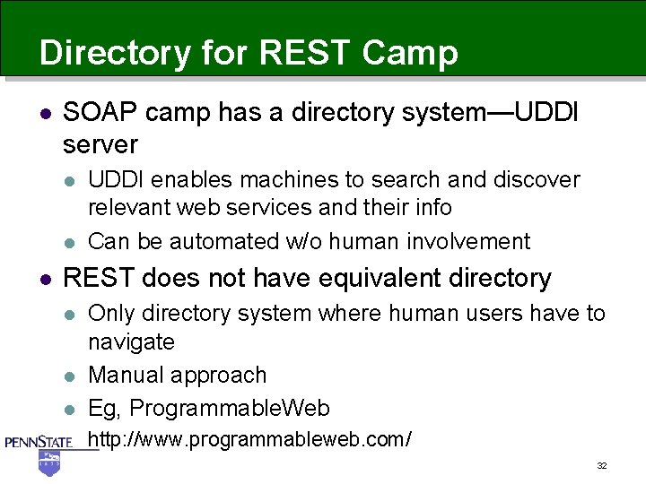 Directory for REST Camp l SOAP camp has a directory system—UDDI server l l