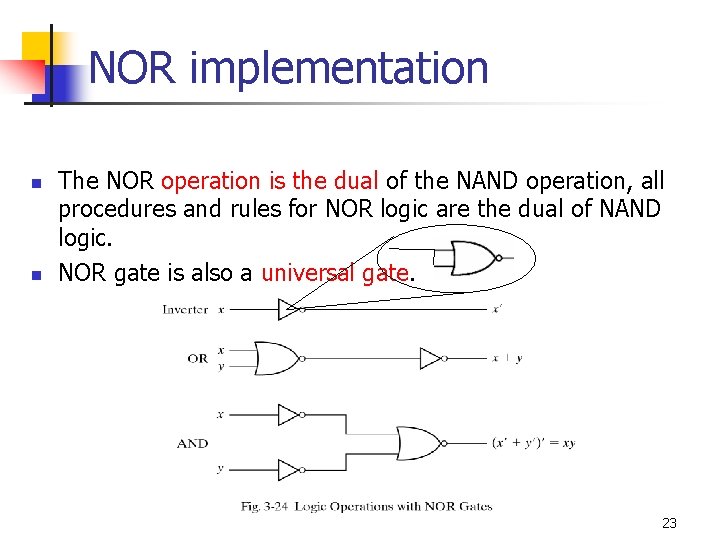 NOR implementation n n The NOR operation is the dual of the NAND operation,