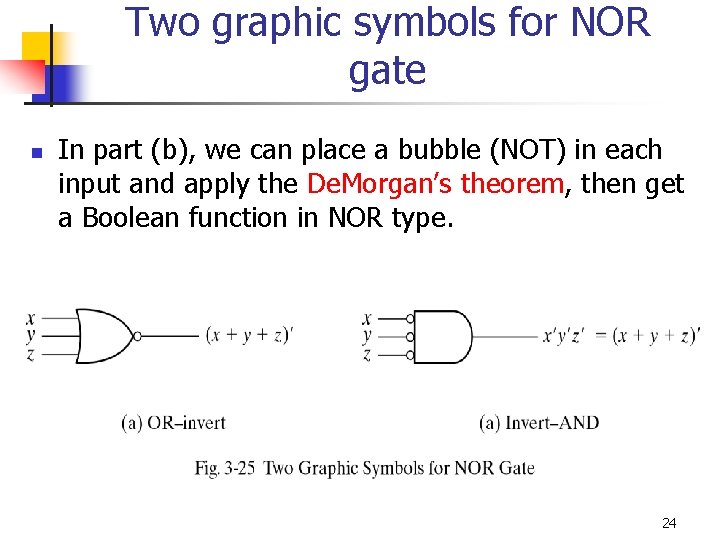 Two graphic symbols for NOR gate n In part (b), we can place a