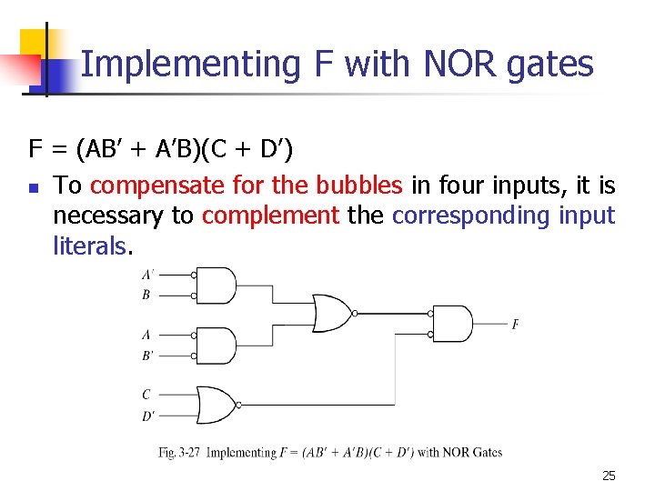 Implementing F with NOR gates F = (AB’ + A’B)(C + D’) n To