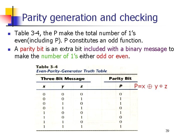 Parity generation and checking n n Table 3 -4, the P make the total