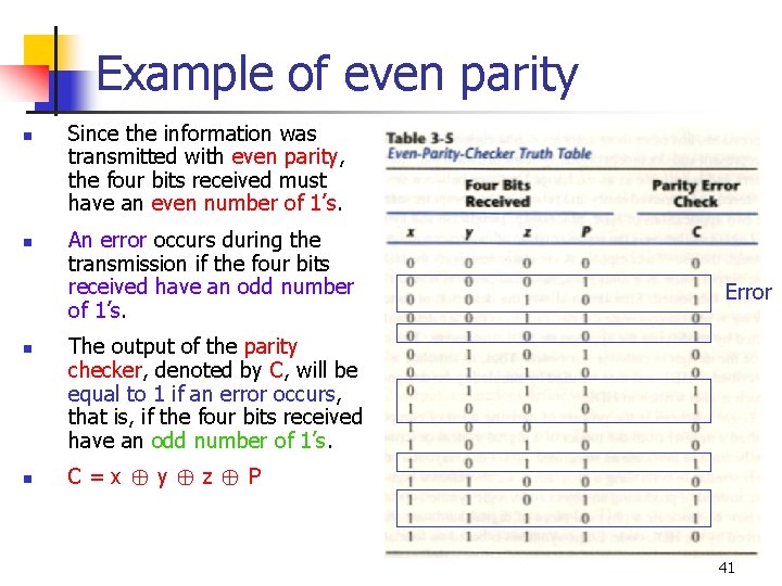 Example of even parity n n Since the information was transmitted with even parity,