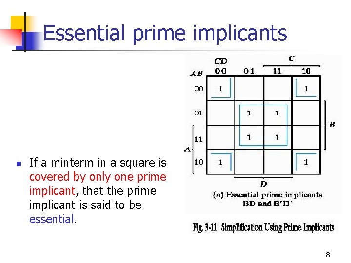 Essential prime implicants n If a minterm in a square is covered by only