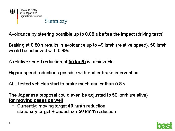 Summary Avoidance by steering possible up to 0. 88 s before the impact (driving